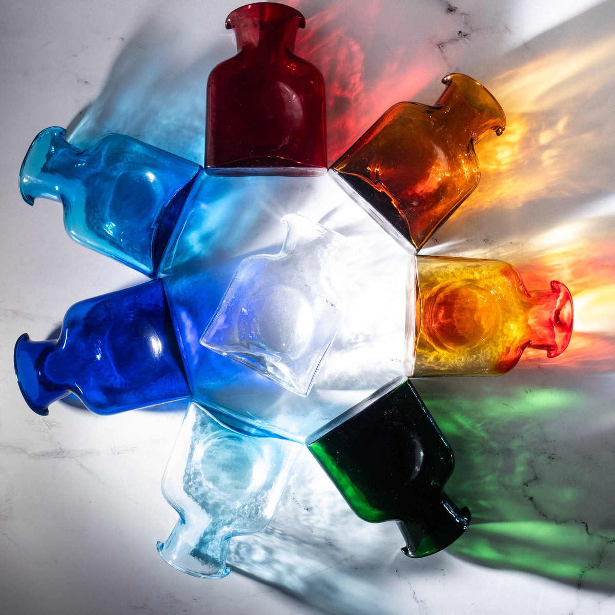 Colorful water bottles arranged in a circle