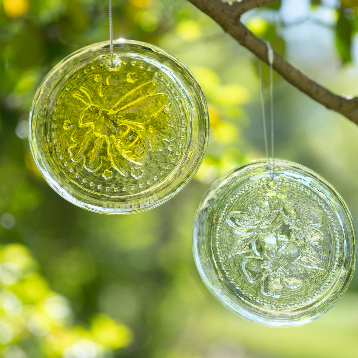 Two decorative glass balls with floral designs hanging from a tree branch.