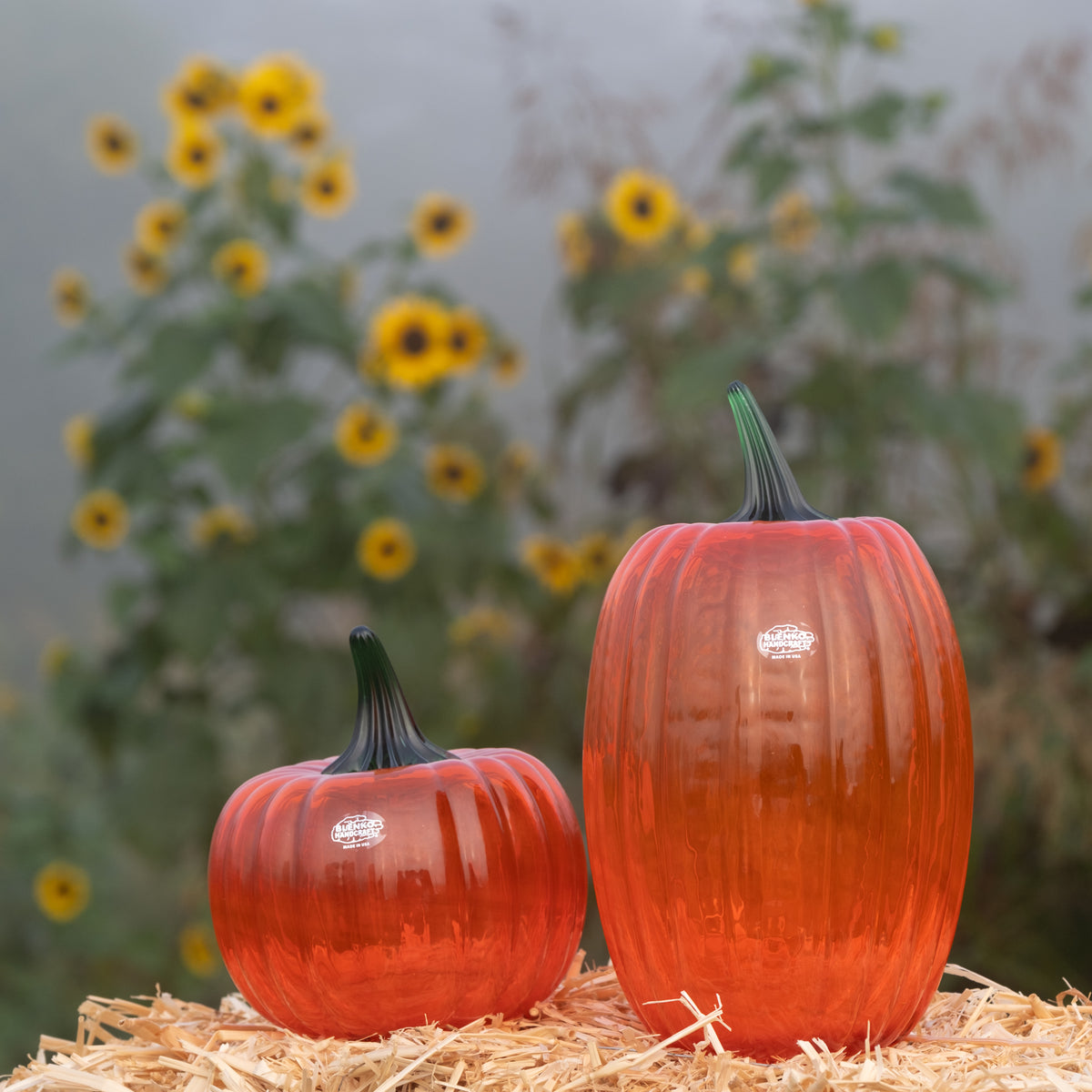 Two orange-red glass pumpkins with dark green stems sit on a bed of straw in front of a blurred background of sunflowers and foliage.