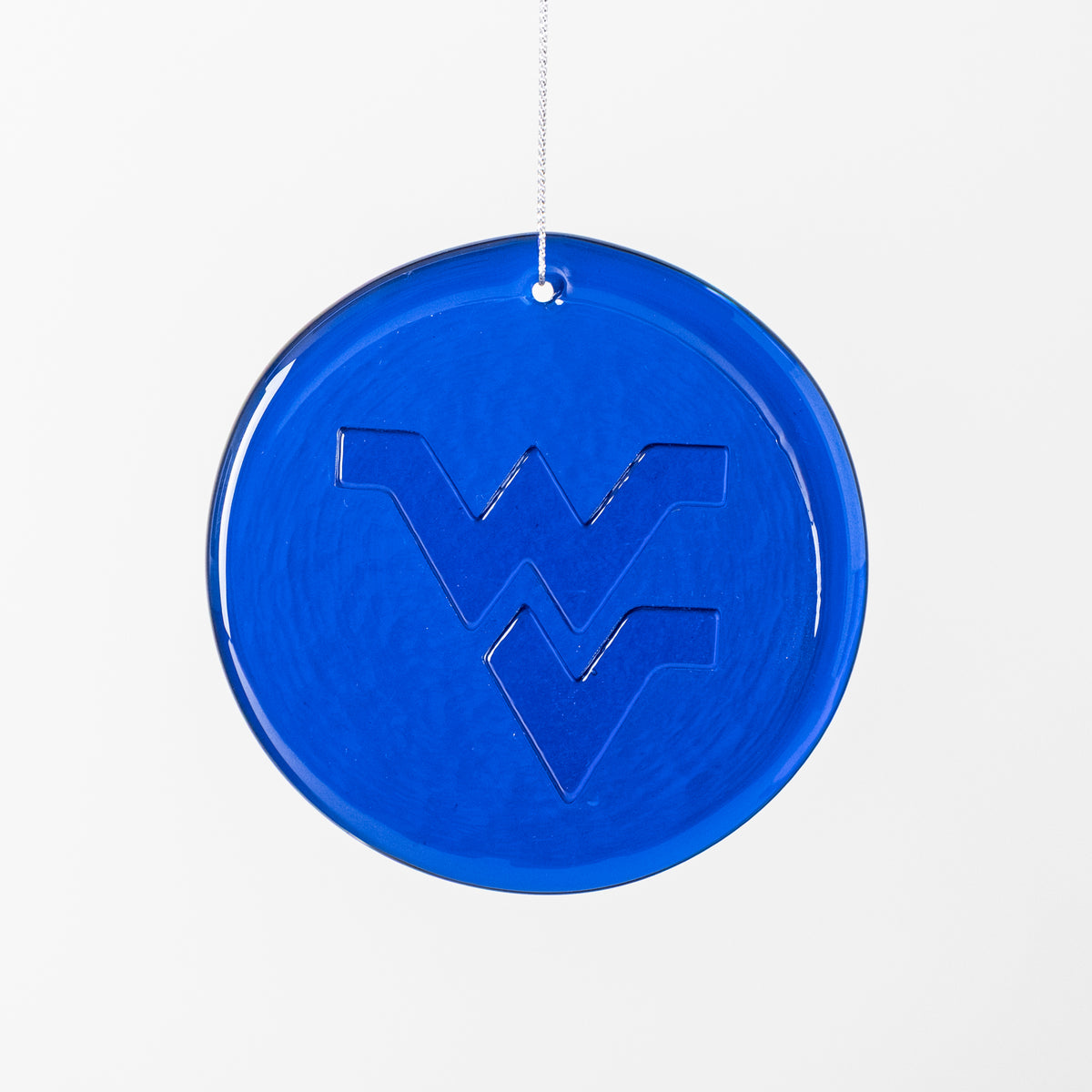 Blue circular object with a logo on a white background