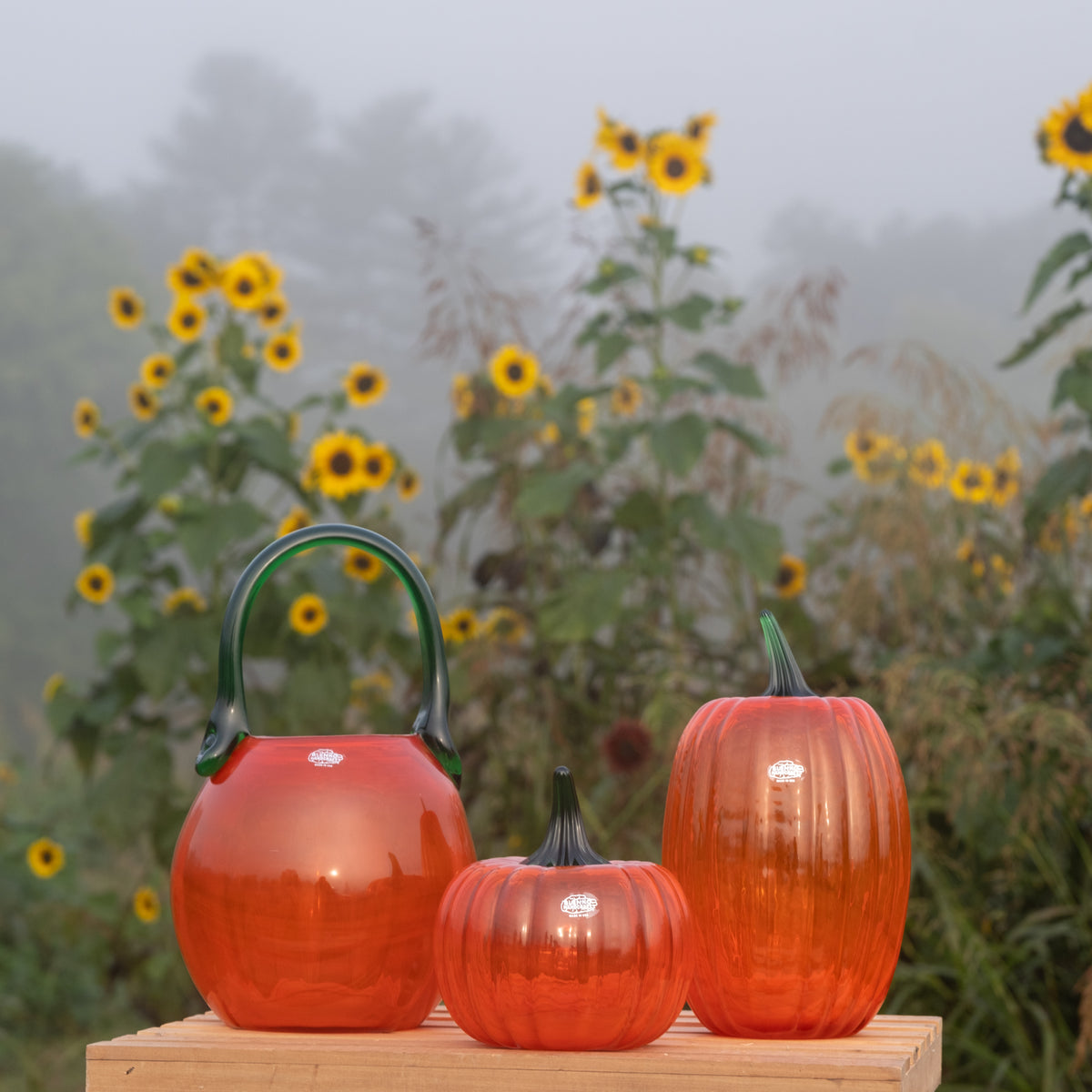 Three translucent orange glass pumpkins in different sizes displayed on a wooden block, with a misty sunflower field in the background.