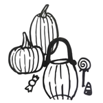 Black and white hand-drawn illustration of Halloween-themed items, including two pumpkins, a bucket, candy corn, a lollipop, and a small wrapped treat, on a plain white background.